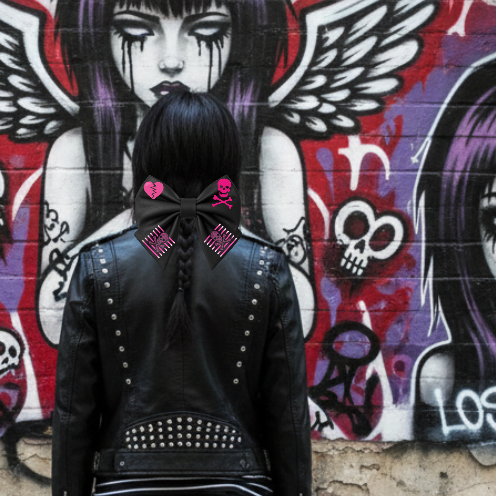 Girls Hair Bow Black Faux Leather Emo Girl Style with Pink Skull and Broken Heart Design