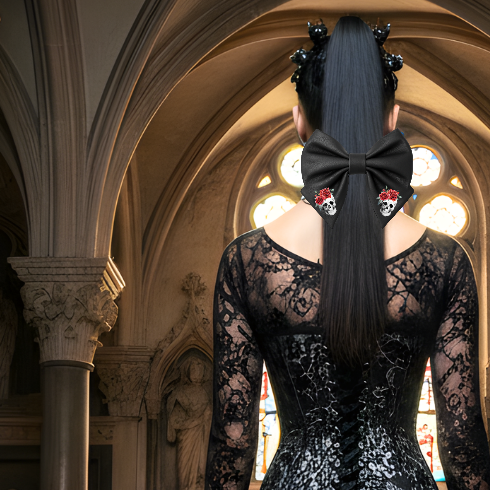 Girls Hair Bow Black Faux Leather Gothic Style with Skull and Red Rose Crown