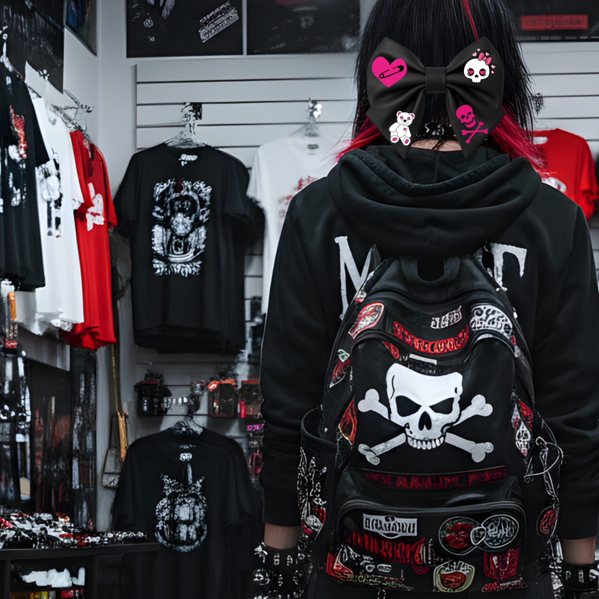 Fiocco per capelli da ragazza in similpelle nera, stile emo, con teschio rosa, spilla da balia a forma di cuore e orsacchiotto. 