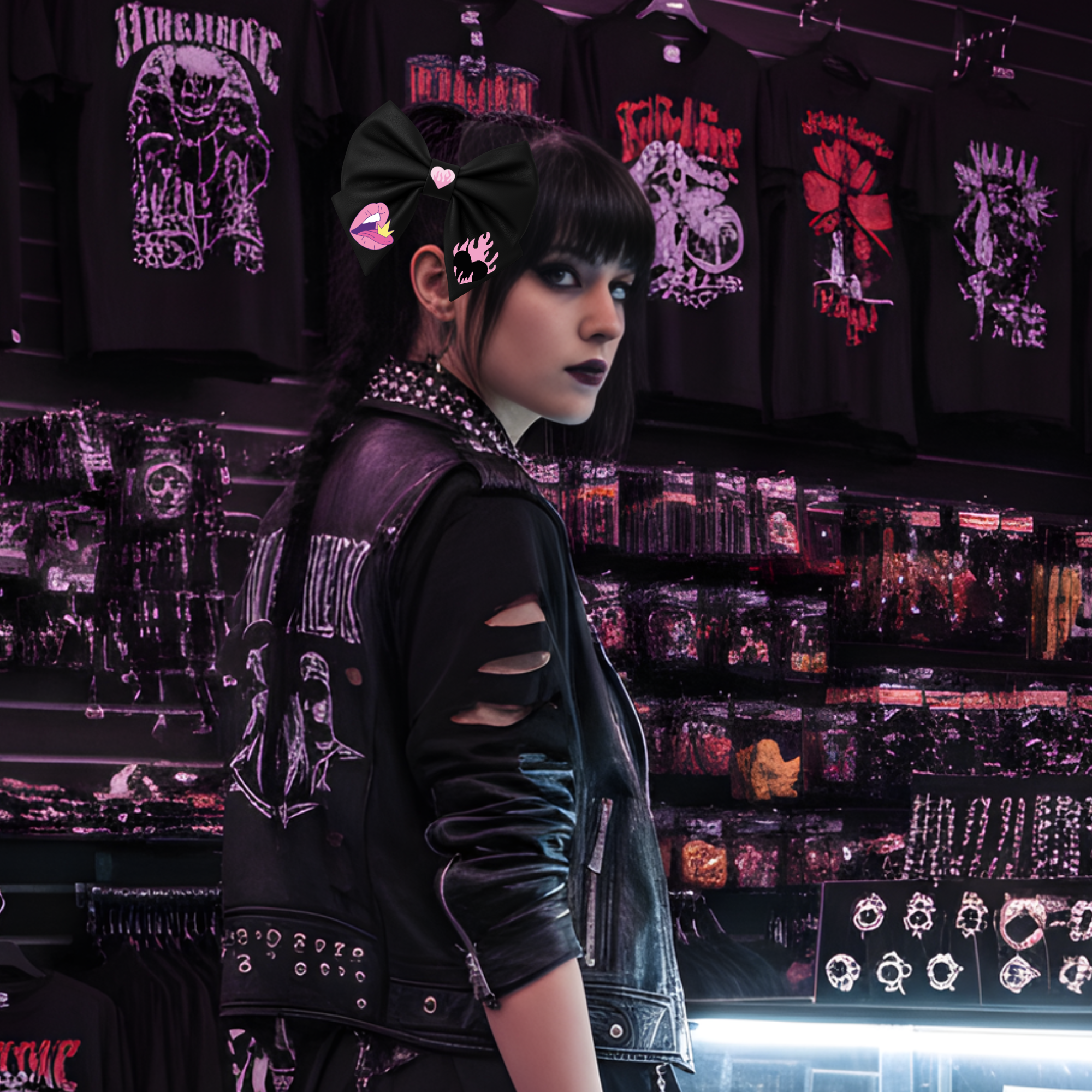 Girls Hair Bow Black Faux Leather Emo Girl Style with Pink Flaming Hearts and Lips Design