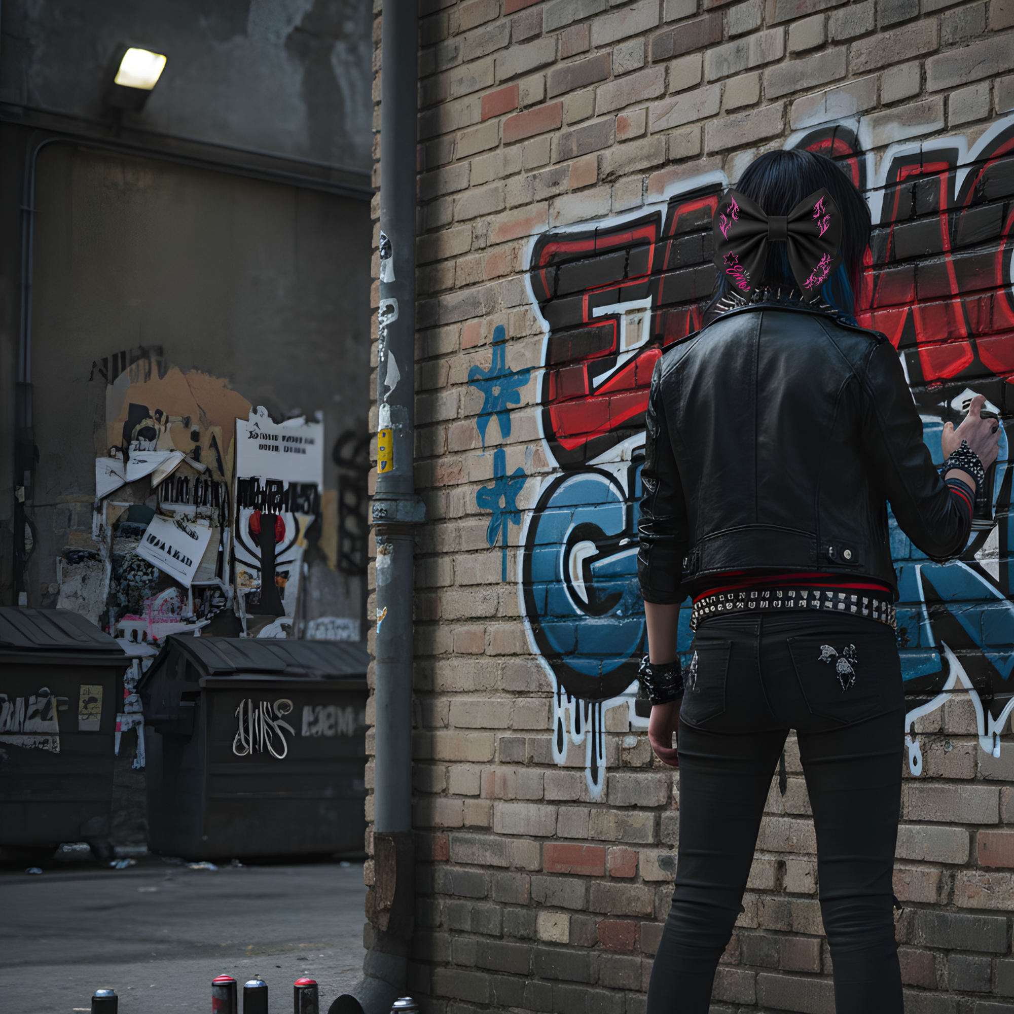 Fiocco per capelli da ragazza in similpelle nera, stile emo, con cuori rosa a fiamme tribali.