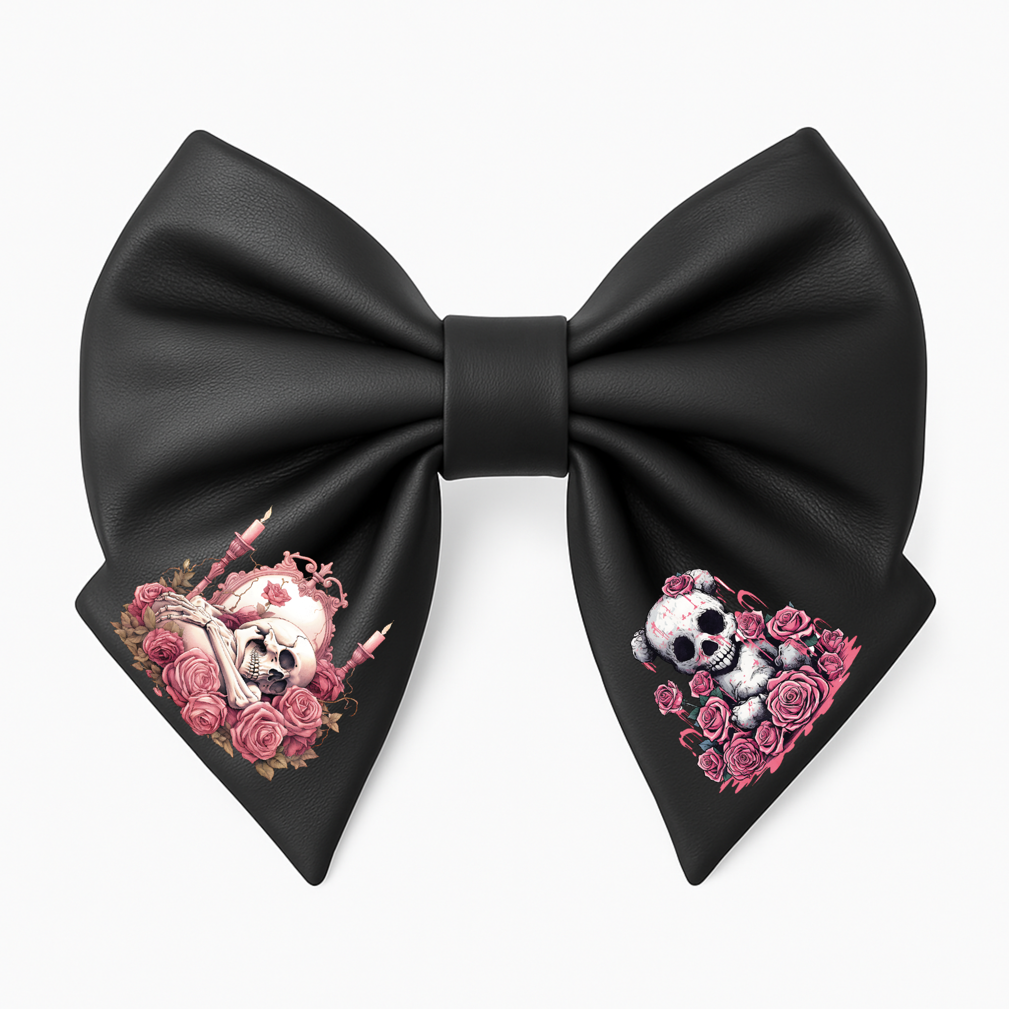 Girls Hair Bow Black Faux Leather Gothic Style with Skull and Pink Roses Design