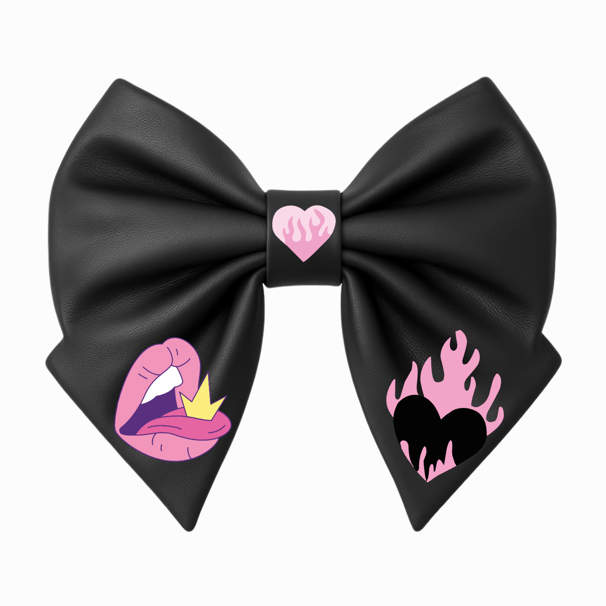 Girls Hair Bow Black Faux Leather Emo Girl Style with Pink Flaming Hearts and Lips Design
