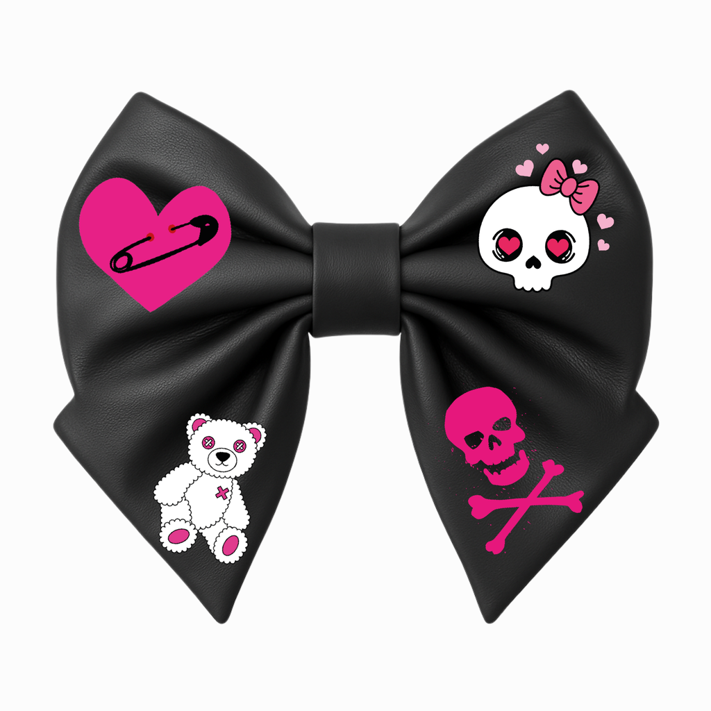 Fiocco per capelli da ragazza in similpelle nera, stile emo, con teschio rosa, spilla da balia a forma di cuore e orsacchiotto. 