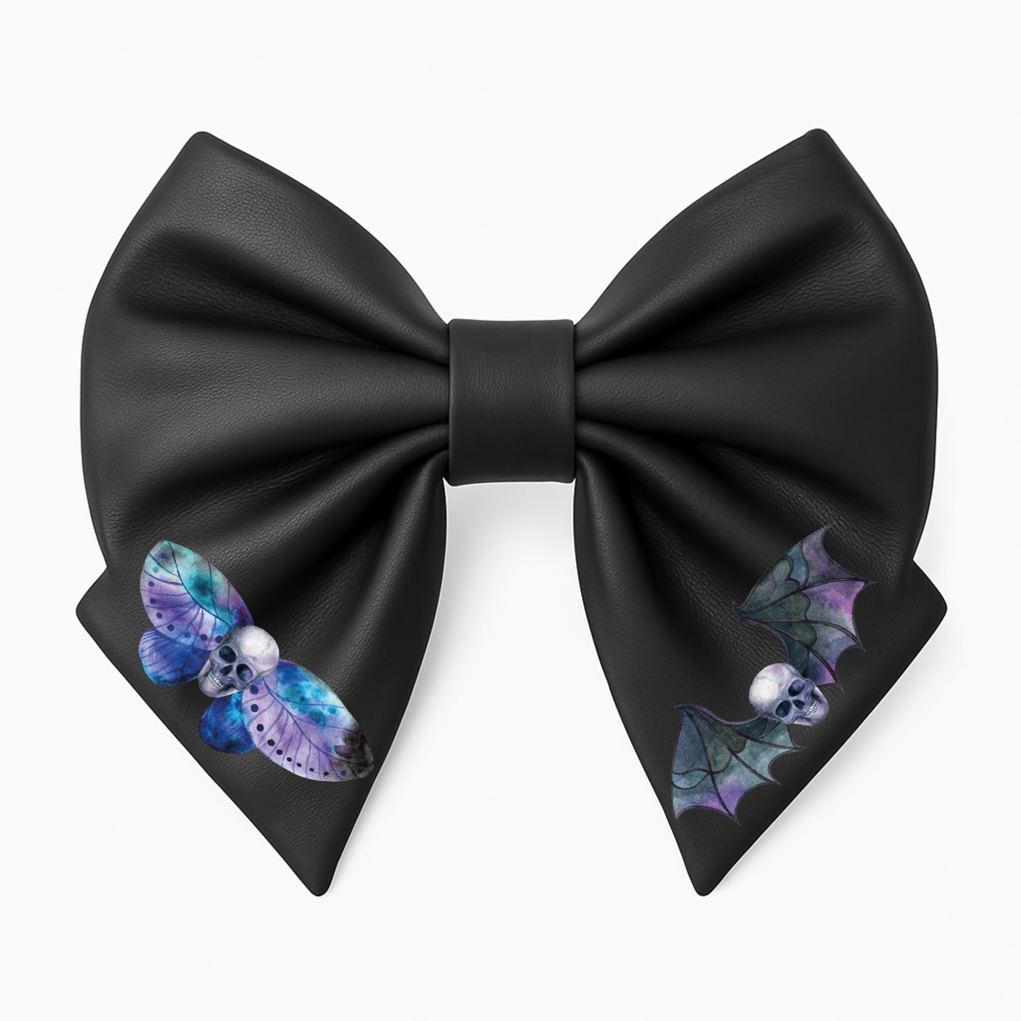 Fiocco per capelli da bambina in similpelle nera, stile gotico, con teschio, ali di pipistrello e farfalla blu.