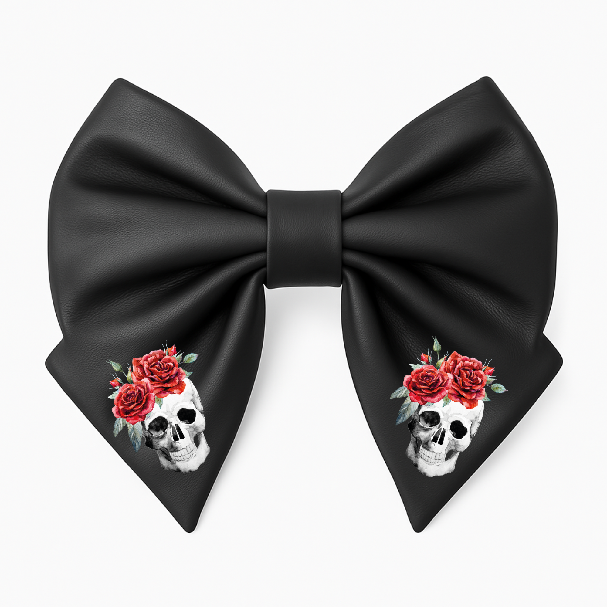Girls Hair Bow Black Faux Leather Gothic Style with Skull and Red Rose Crown