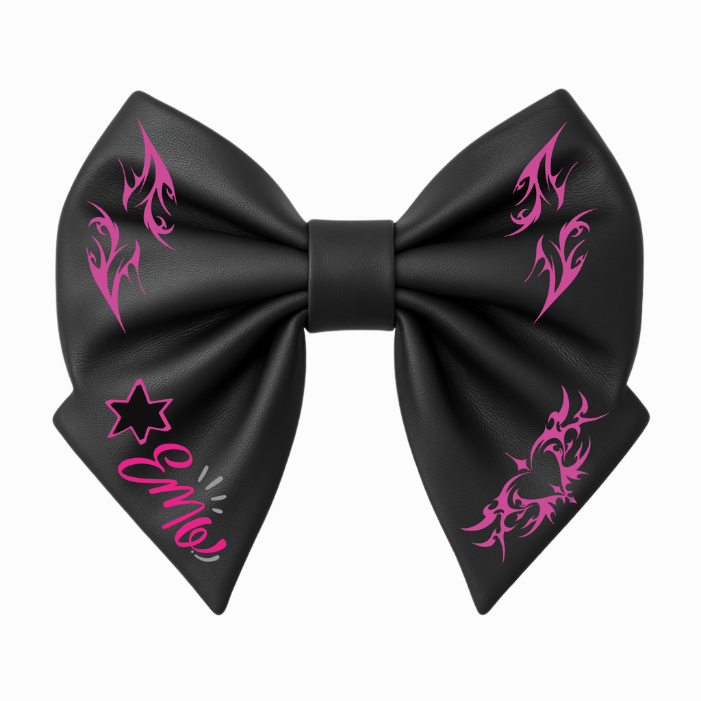 Fiocco per capelli da ragazza in similpelle nera, stile emo, con cuori rosa a fiamme tribali.