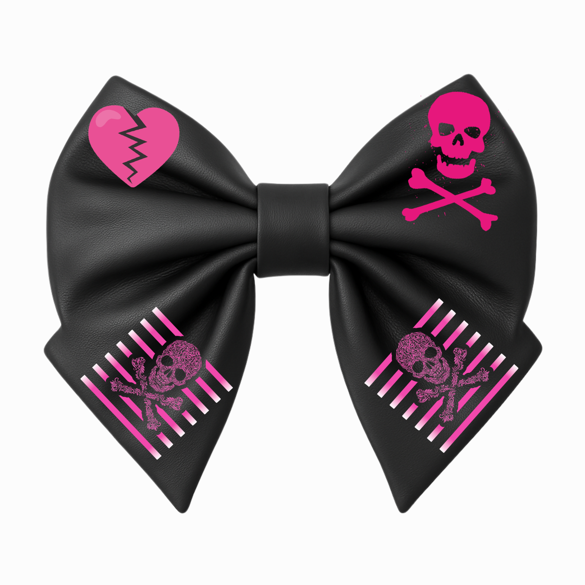 Girls Hair Bow Black Faux Leather Emo Girl Style with Pink Skull and Broken Heart Design
