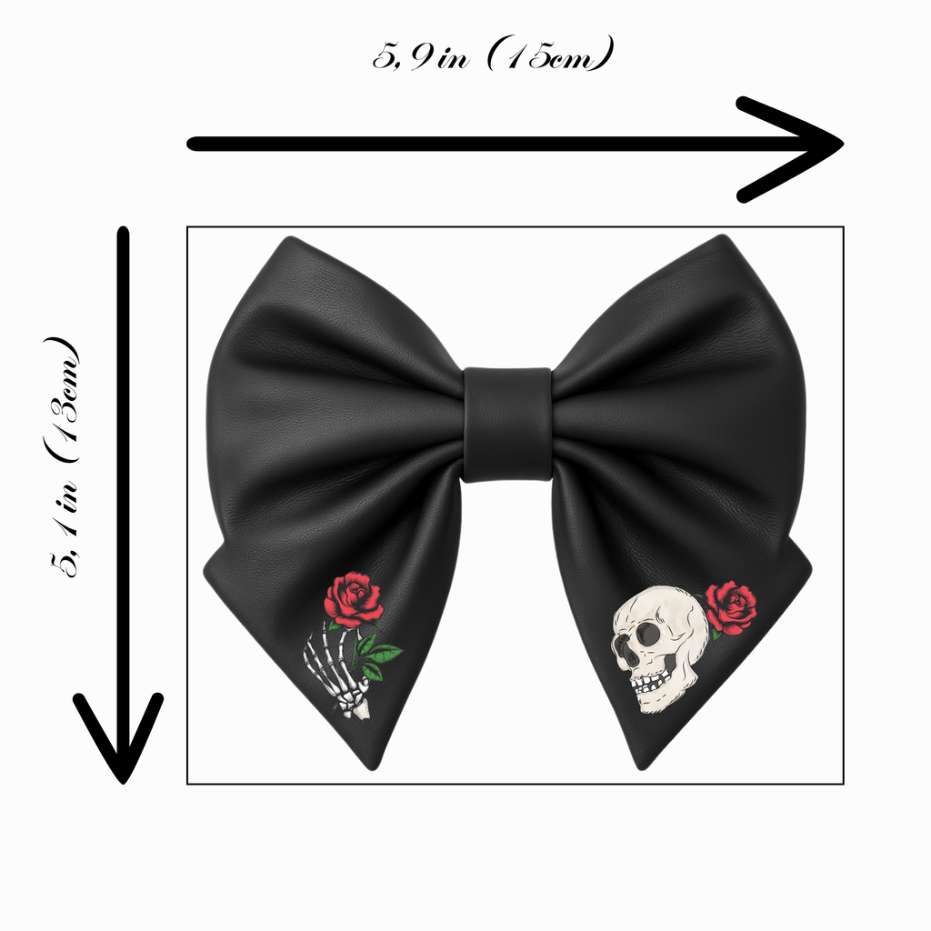 Fiocco per capelli da bambina in similpelle nera, stile gotico, con teschio e rose rosse. 
