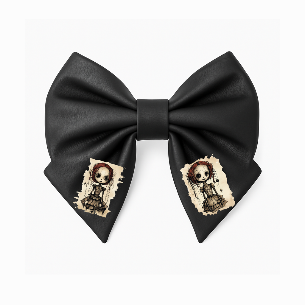Fiocco per capelli da ragazza in similpelle nera, stile gotico con inquietante design da bambola vintage