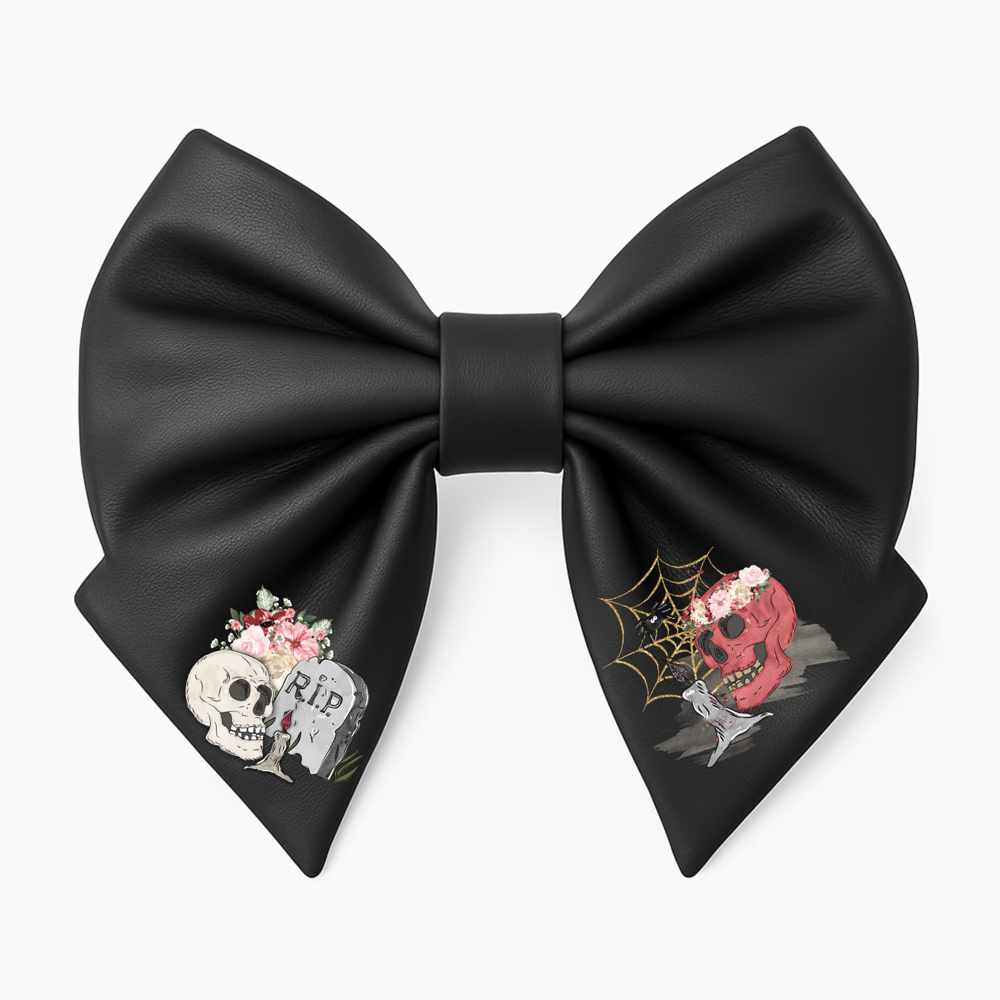 Girls Hair Bow Black Faux Leather Gothic Style with Skull, Spider Web and RIP Tombstone