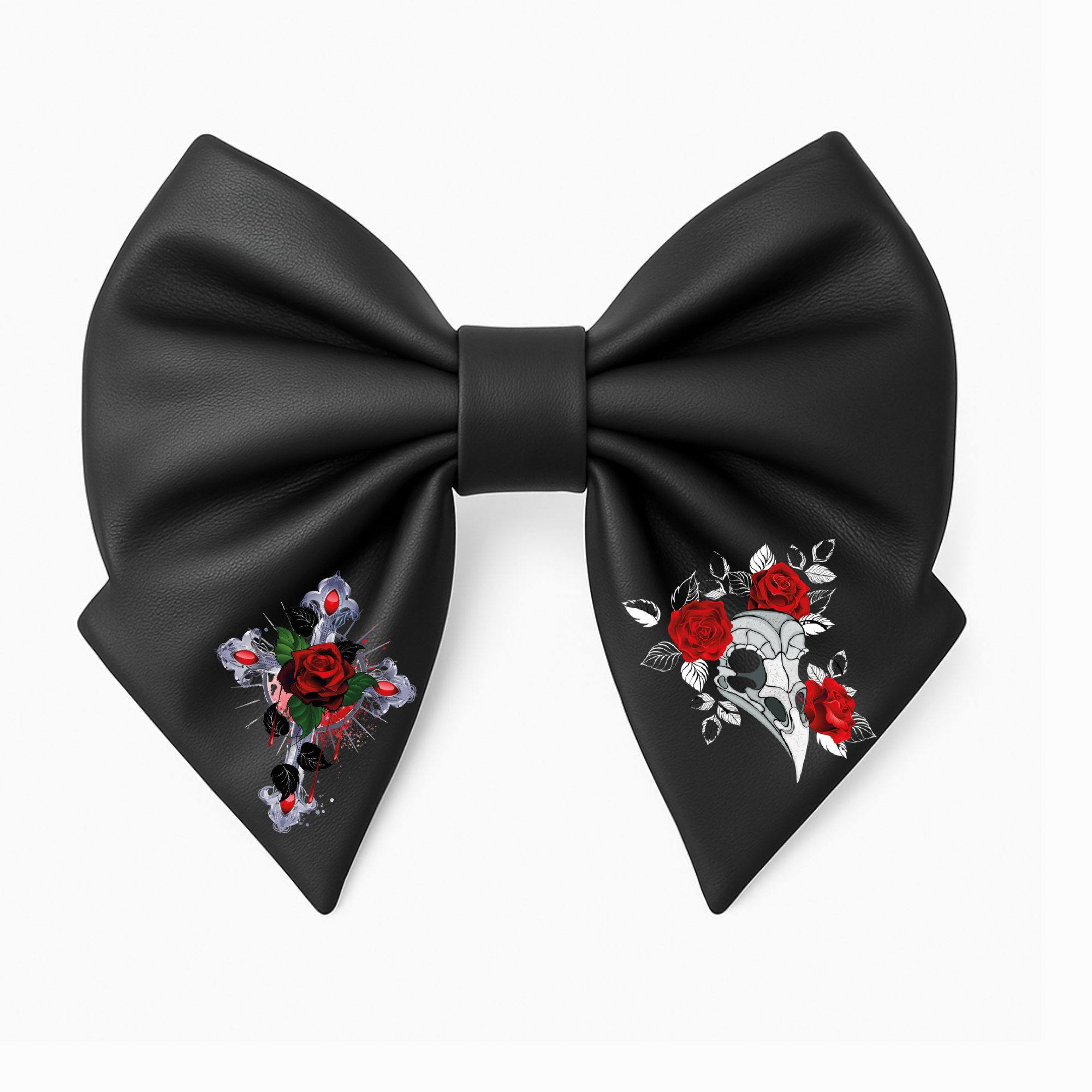 Fiocco per capelli da ragazza in similpelle nera, stile gotico, con teschio, rose rosse e falena scura 