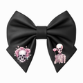 Fiocco per capelli da ragazza in similpelle nera, stile gotico, stile emo, con teschio e rose rosa.