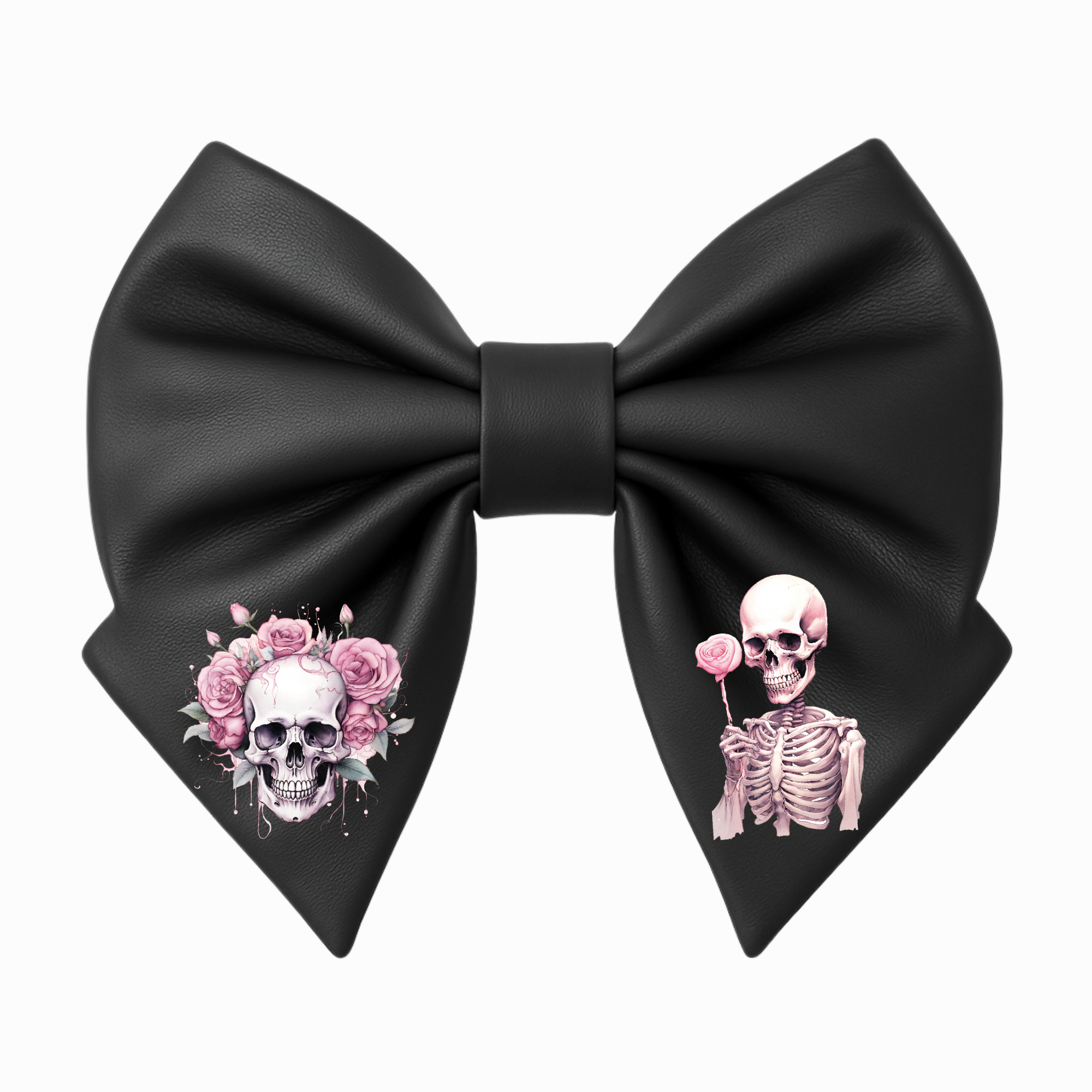 Fiocco per capelli da ragazza in similpelle nera, stile gotico, stile emo, con teschio e rose rosa.