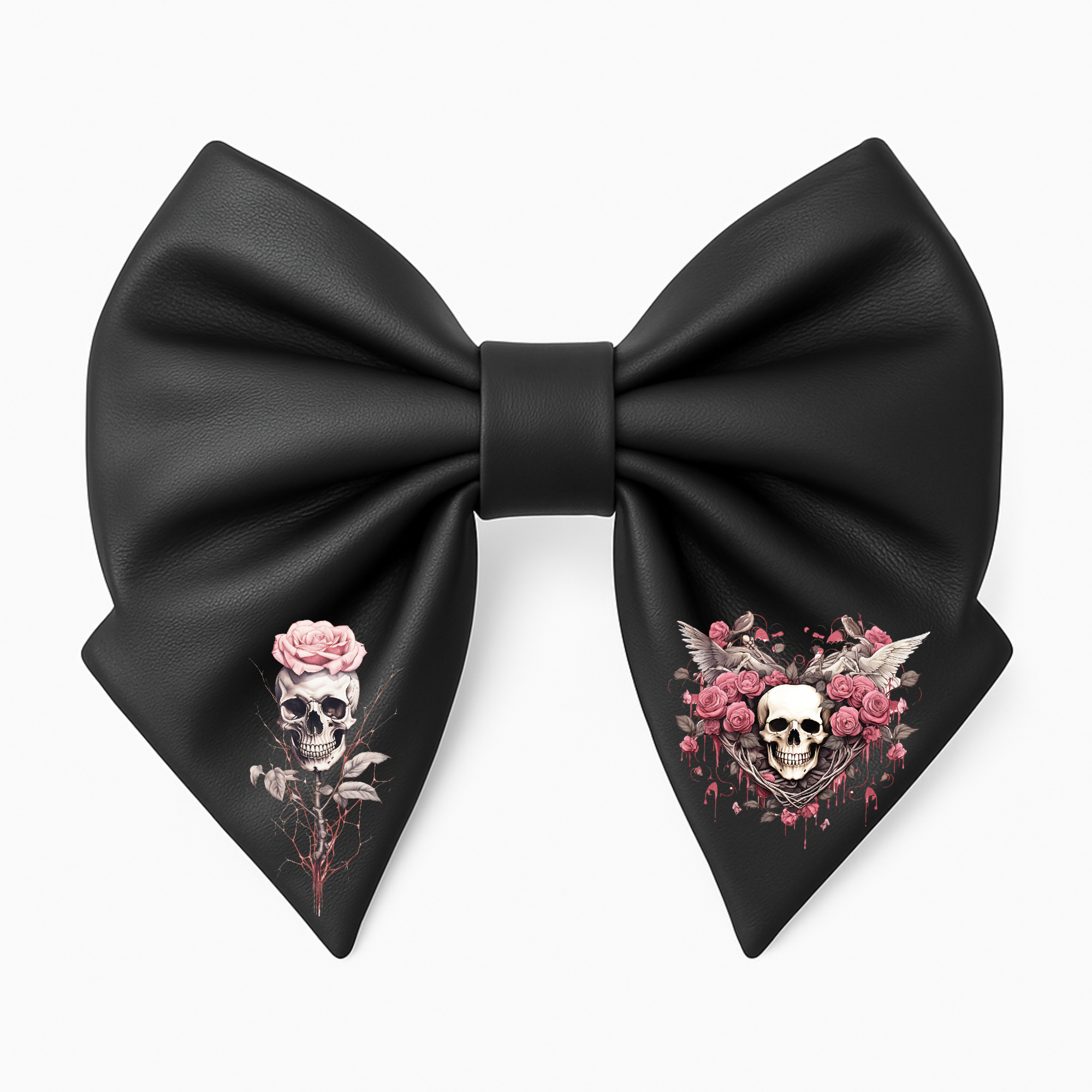 Fiocco per capelli da bambina in similpelle nera, stile gotico, con teschio, rose rosa e ali.