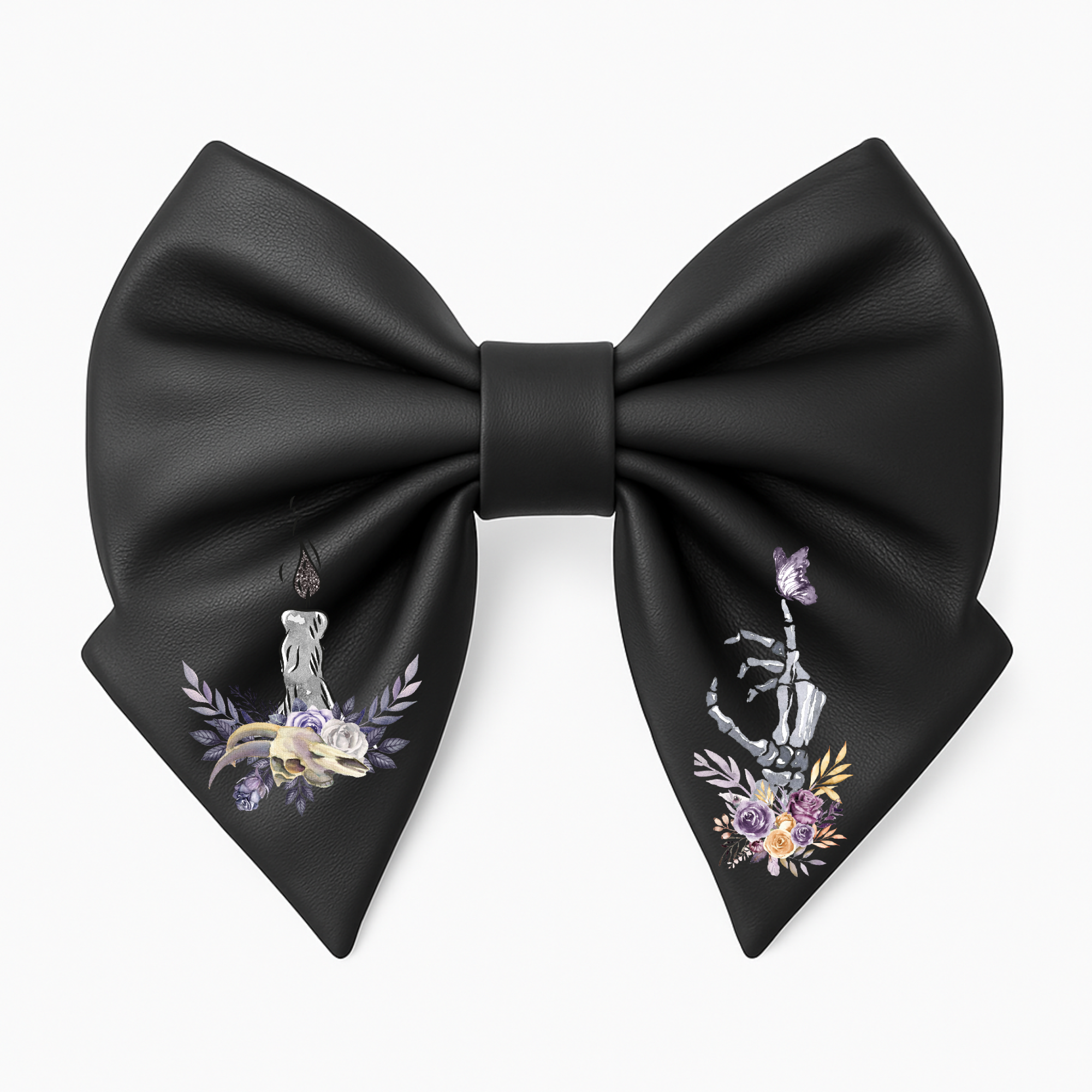 Fiocco per capelli da ragazza in similpelle nera, stile gotico, con mano scheletrica, candela e motivo floreale.