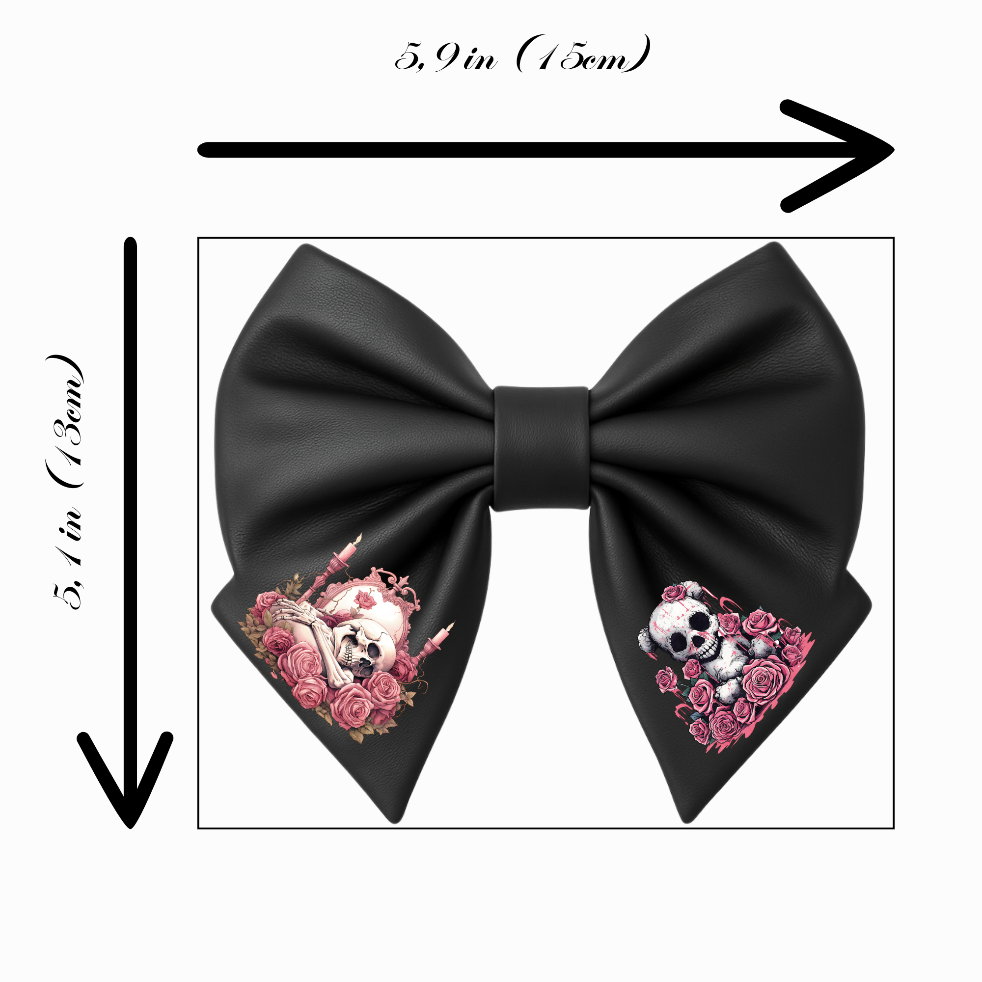 Girls Hair Bow Black Faux Leather Gothic Style with Skull and Pink Roses Design