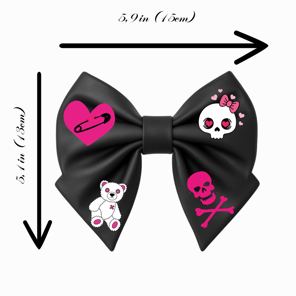 Fiocco per capelli da ragazza in similpelle nera, stile emo, con teschio rosa, spilla da balia a forma di cuore e orsacchiotto. 