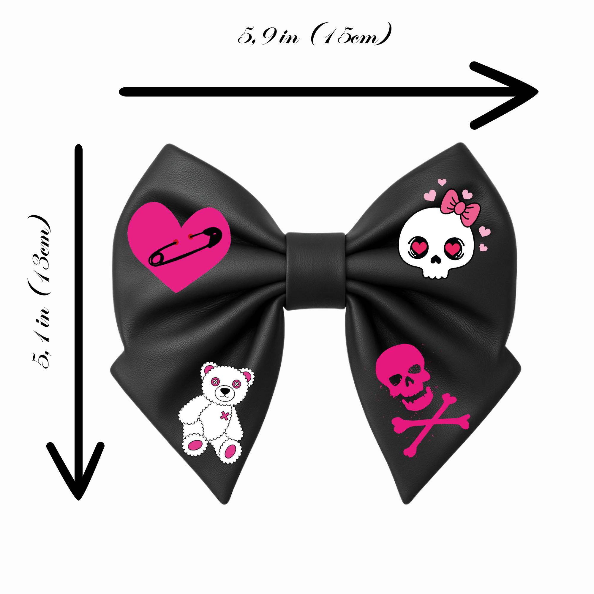 Fiocco per capelli da ragazza in similpelle nera, stile emo, con teschio rosa, spilla da balia a forma di cuore e orsacchiotto. 