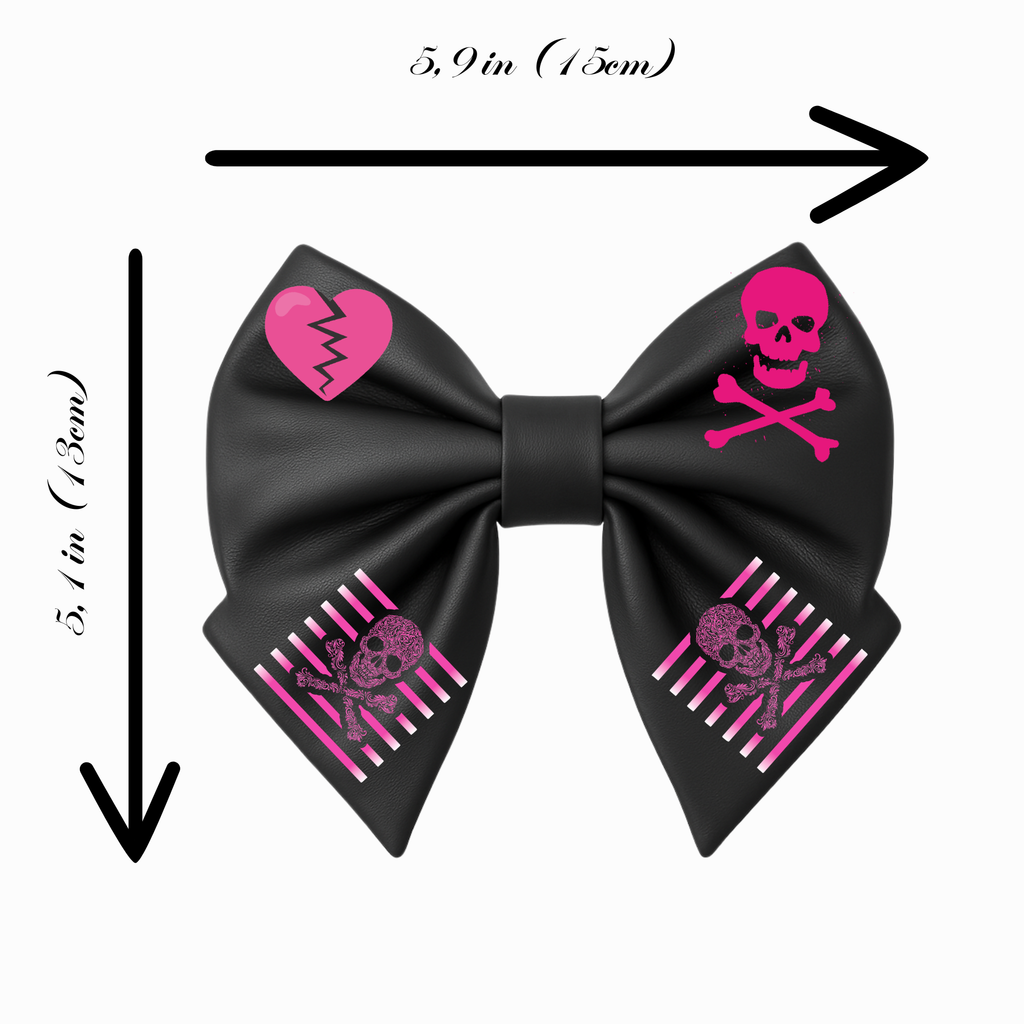 Fiocco per capelli da ragazza in similpelle nera, stile emo, con teschio rosa e cuore spezzato.