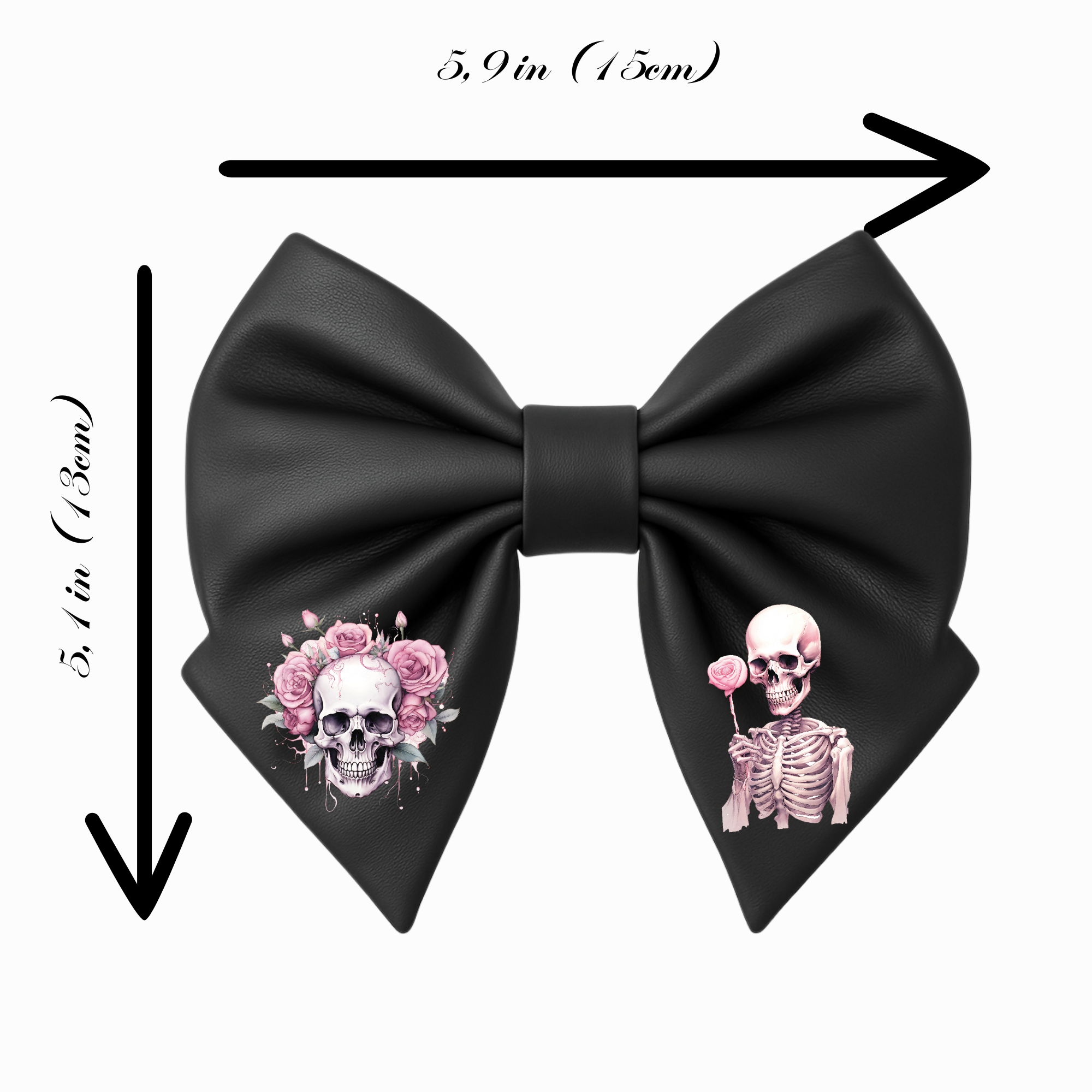 Fiocco per capelli da ragazza in similpelle nera, stile gotico, stile emo, con teschio e rose rosa.