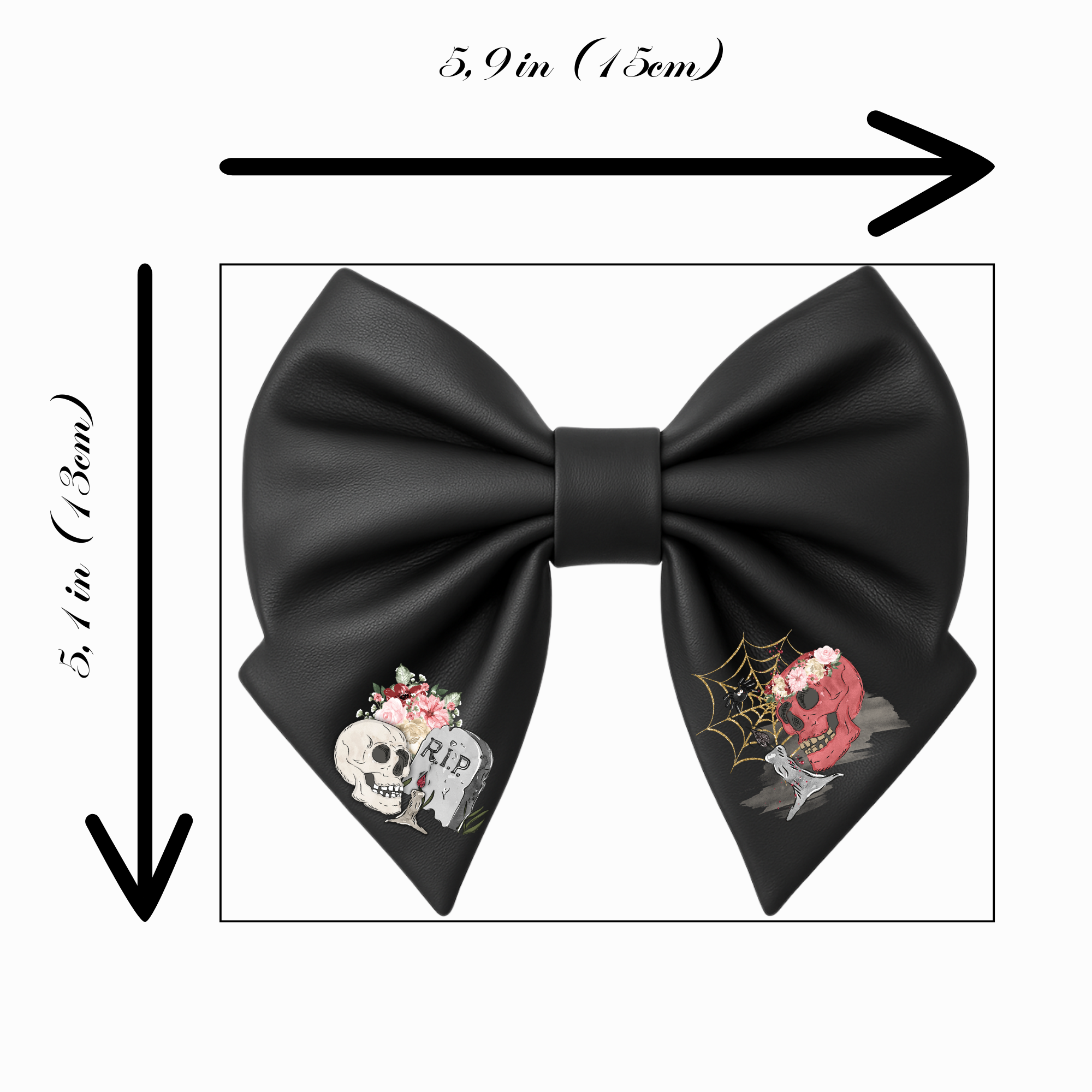 Girls Hair Bow Black Faux Leather Gothic Style with Skull, Spider Web and RIP Tombstone