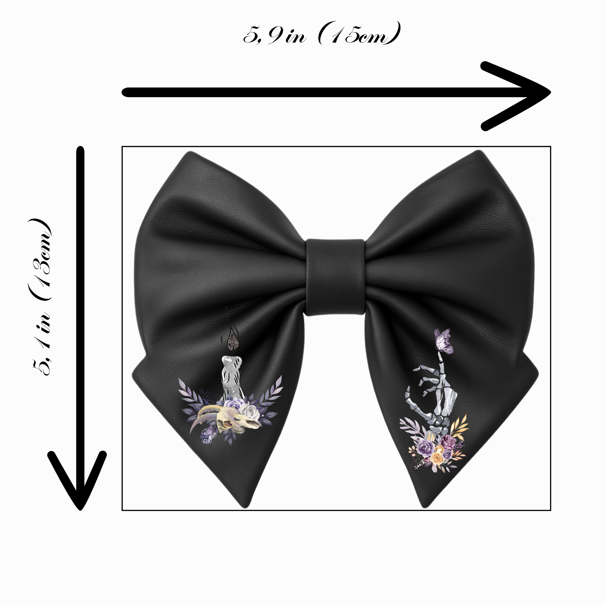 Fiocco per capelli da ragazza in similpelle nera, stile gotico, con mano scheletrica, candela e motivo floreale.