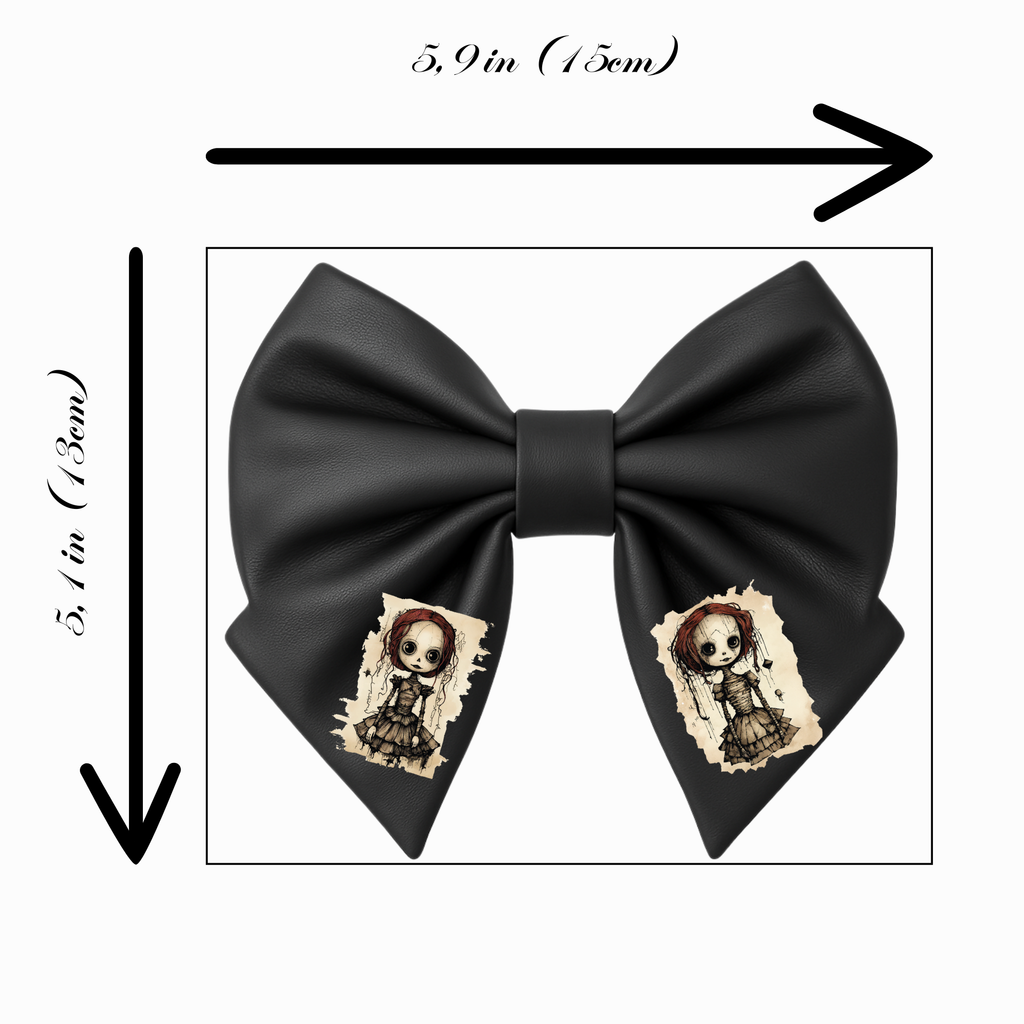 Fiocco per capelli da ragazza in similpelle nera, stile gotico con inquietante design da bambola vintage