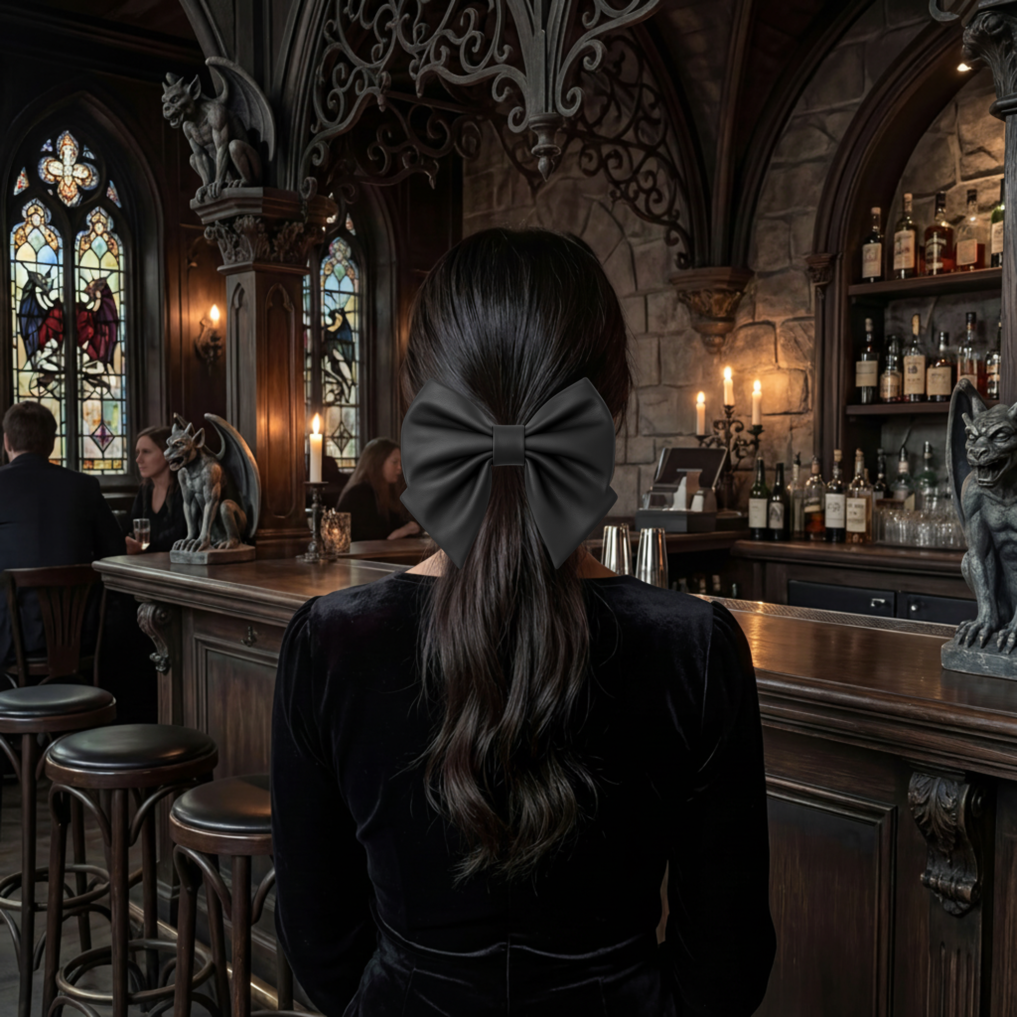 Girls Hair Bow Black Faux Leather Classic Style Hair Accessory Gothic style, Emo girl style