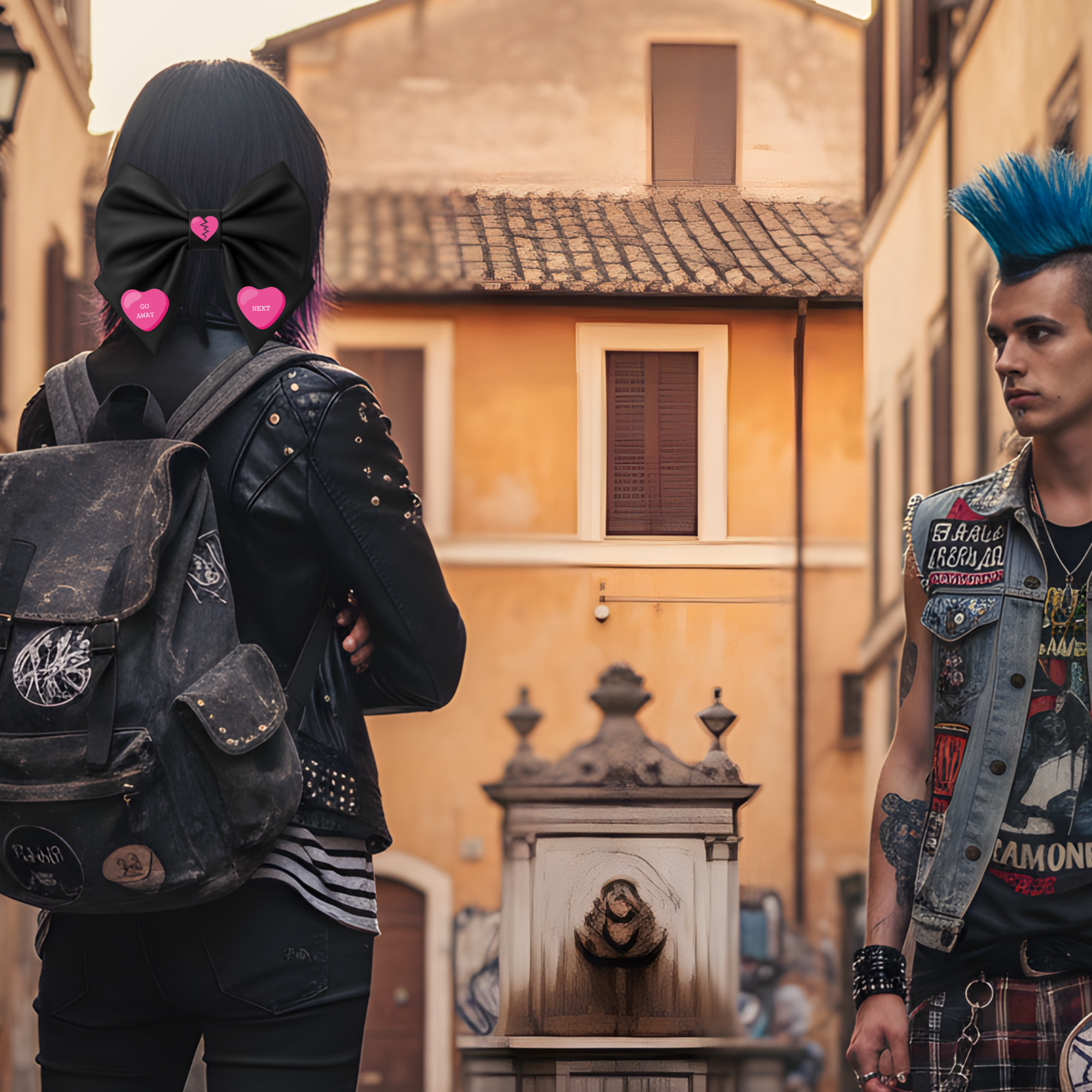 Girls Hair Bow Black Faux Leather Emo Girl Style with Pink Broken Heart “Go Away / Next” Design